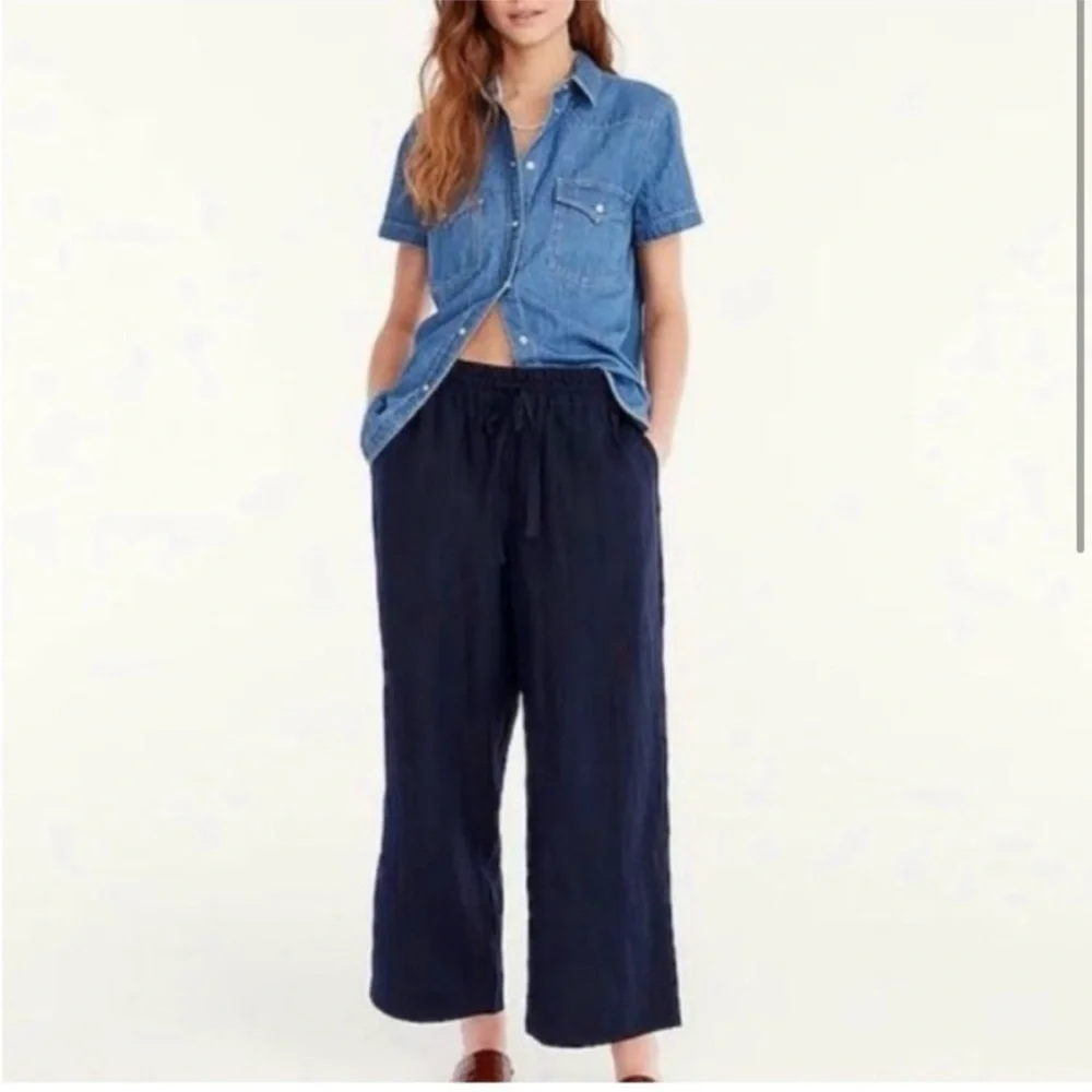 NWT J.Crew Linen Wide Leg Seaside Pants Navy Drawstring Waist Size XL BO810